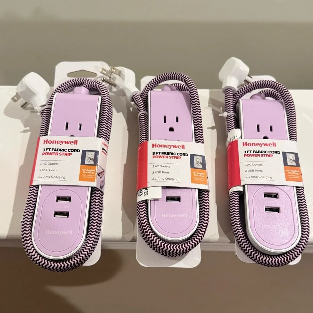 BUNDLE OF 3 Honeywell Power Strip with 2 AC Outlets,2 USB Ports, 3ft Fabric Cord
